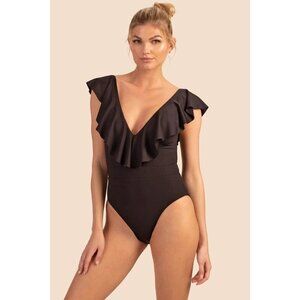 Trina Turk Monaco Solids Ruffle Plunge One Piece Swimming Suit Womens Size 4 Blk